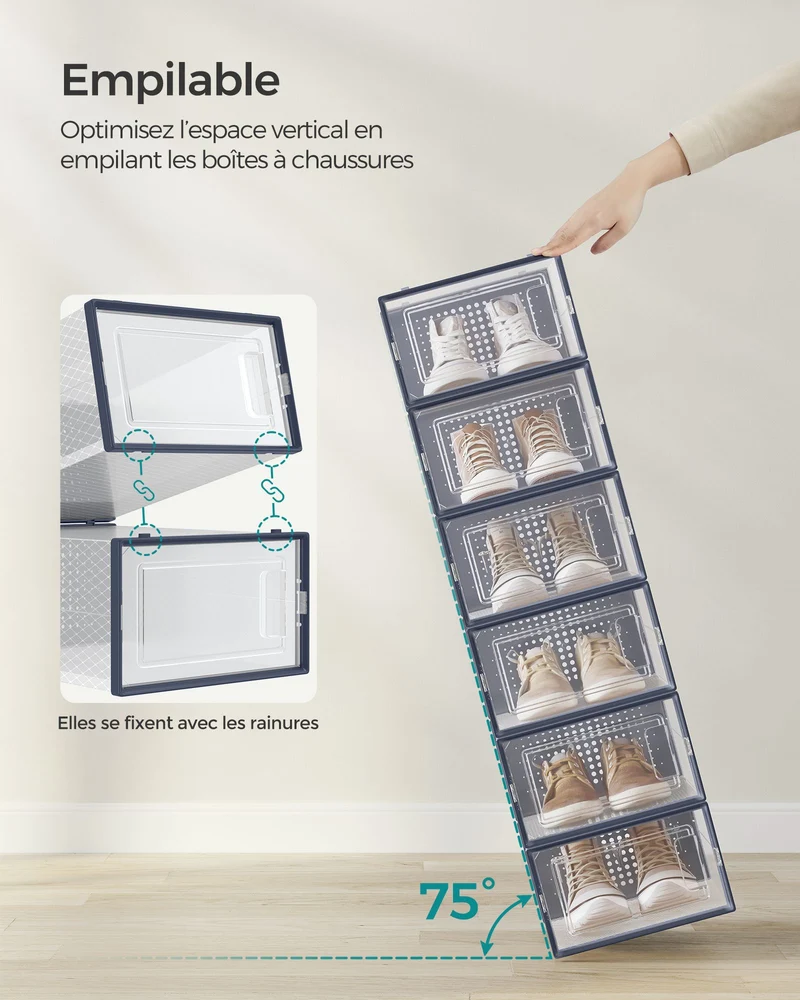 Boîtes à chaussures lot de 18 rangement chaussures pliable pour pointure jusqu’à 44 transparent et bleu 12_0004438