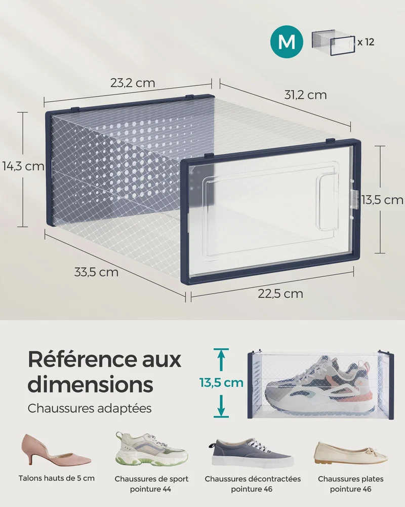 Boîtes à chaussures lot de 18 rangement chaussures pliable pour pointure jusqu’à 44 transparent et bleu 12_0004438