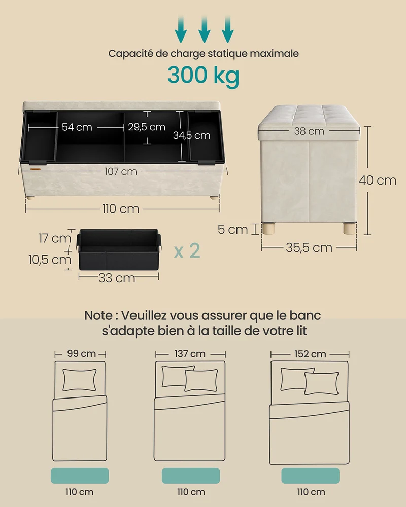 Banc de rangement cube pliable 38 x 110 x 40 cm pouf repose-pieds 112 litres surface en velours pour chambre salon dortoir beige 12_0004145