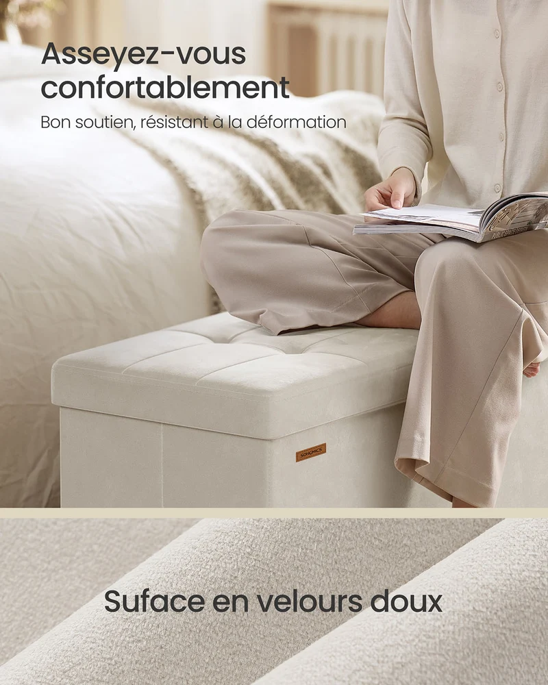 Banc de rangement cube pliable 38 x 110 x 40 cm pouf repose-pieds 112 litres surface en velours pour chambre salon dortoir beige 12_0004145