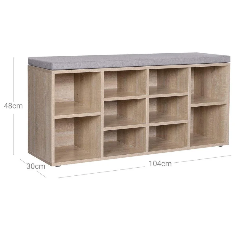 Banc à chaussures étagère à chaussures meuble de rangement 10 compartiments avec coussin pour entrée 104 x 30 x 48 cm couleur chêne 12_0002649