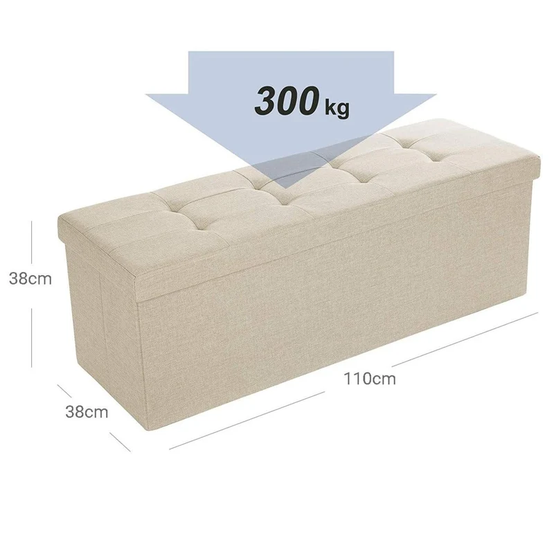 Banc avec espace de rangement siège coffre de rangement pliable capacité de charge 300 kg 120 litres 110 x 38 x 38 cm imitation lin beige 12_0003347