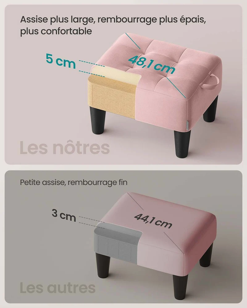 Tabouret repose-pieds en velours pouf rembourrage épais capacité de charge 150 kg pour salon chambre entrée rose 12_0007733