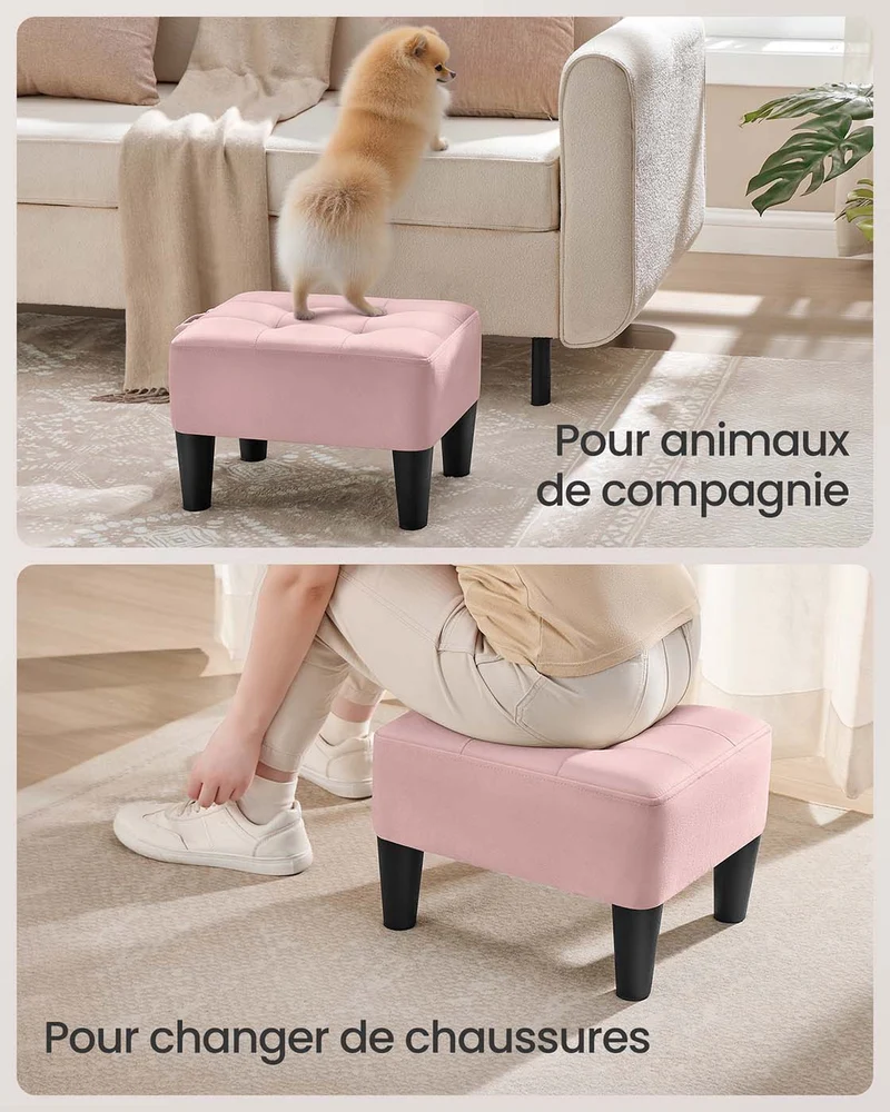 Tabouret repose-pieds en velours pouf rembourrage épais capacité de charge 150 kg pour salon chambre entrée rose 12_0007733