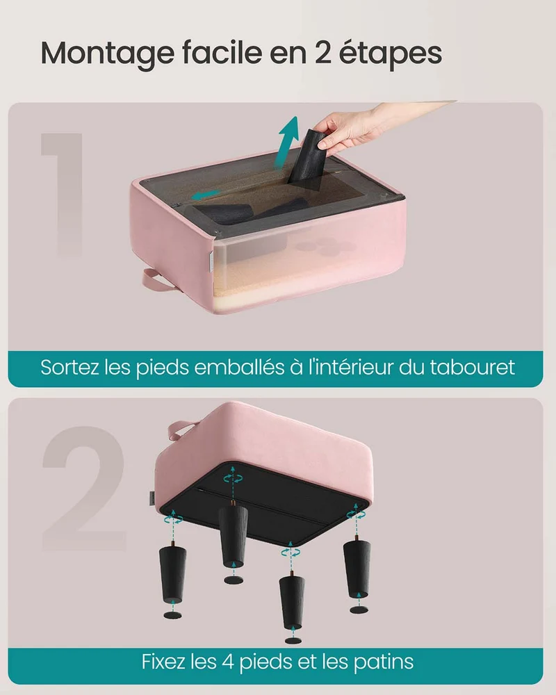 Tabouret repose-pieds en velours pouf rembourrage épais capacité de charge 150 kg pour salon chambre entrée rose 12_0007733