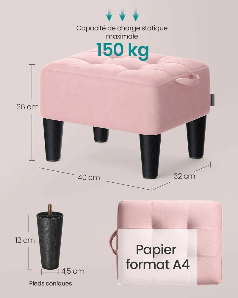 Tabouret repose-pieds en velours pouf rembourrage épais capacité de charge 150 kg pour salon chambre entrée rose 12_0007733