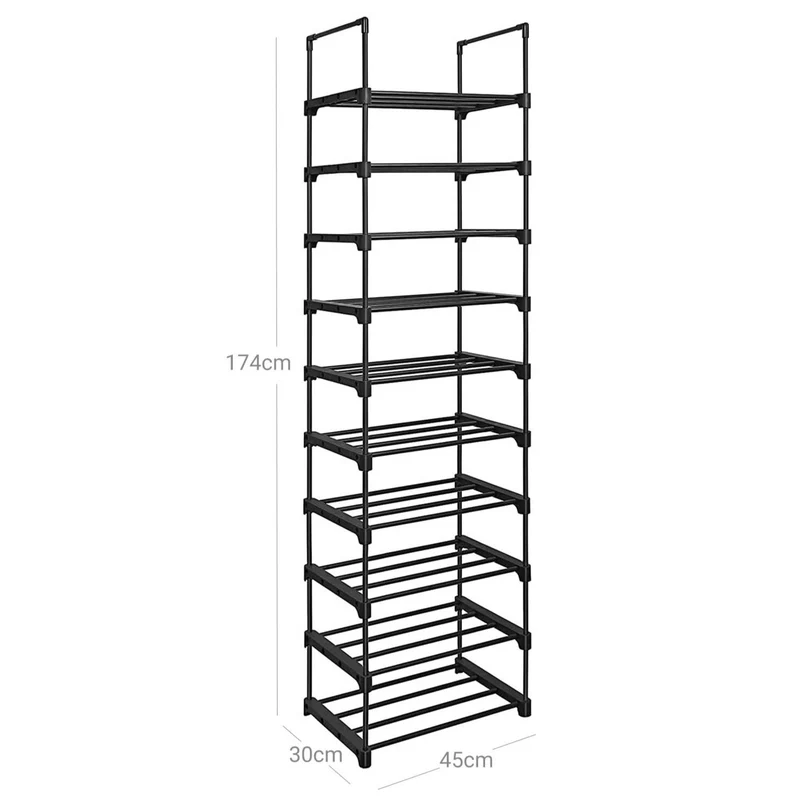 Étagère à chaussures à 10 niveaux meuble de rangement polyvalent cadre en fer personnalisable peu encombrant pour entrée salon chambre 45 x 30 x 174 cm noir 12_0003171