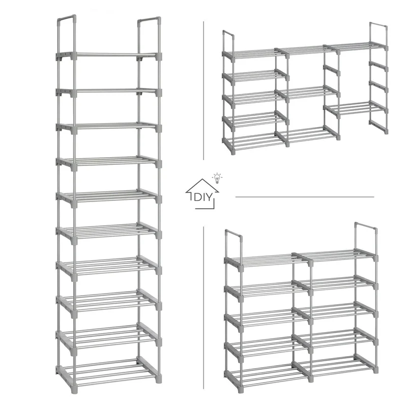 Étagère à chaussures à 10 niveaux meuble de rangement polyvalent cadre en fer personnalisable peu encombrant pour entrée salon chambre 45 x 30 x 174 cm gris 12_0002617