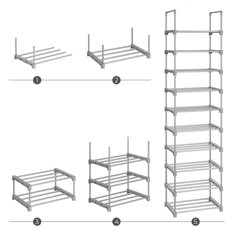 Étagère à chaussures à 10 niveaux meuble de rangement polyvalent cadre en fer personnalisable peu encombrant pour entrée salon chambre 45 x 30 x 174 cm gris 12_0002617