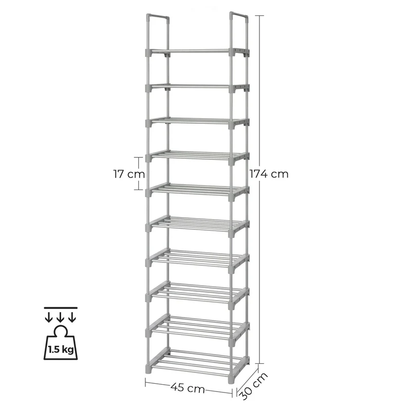Étagère à chaussures à 10 niveaux meuble de rangement polyvalent cadre en fer personnalisable peu encombrant pour entrée salon chambre 45 x 30 x 174 cm gris 12_0002617