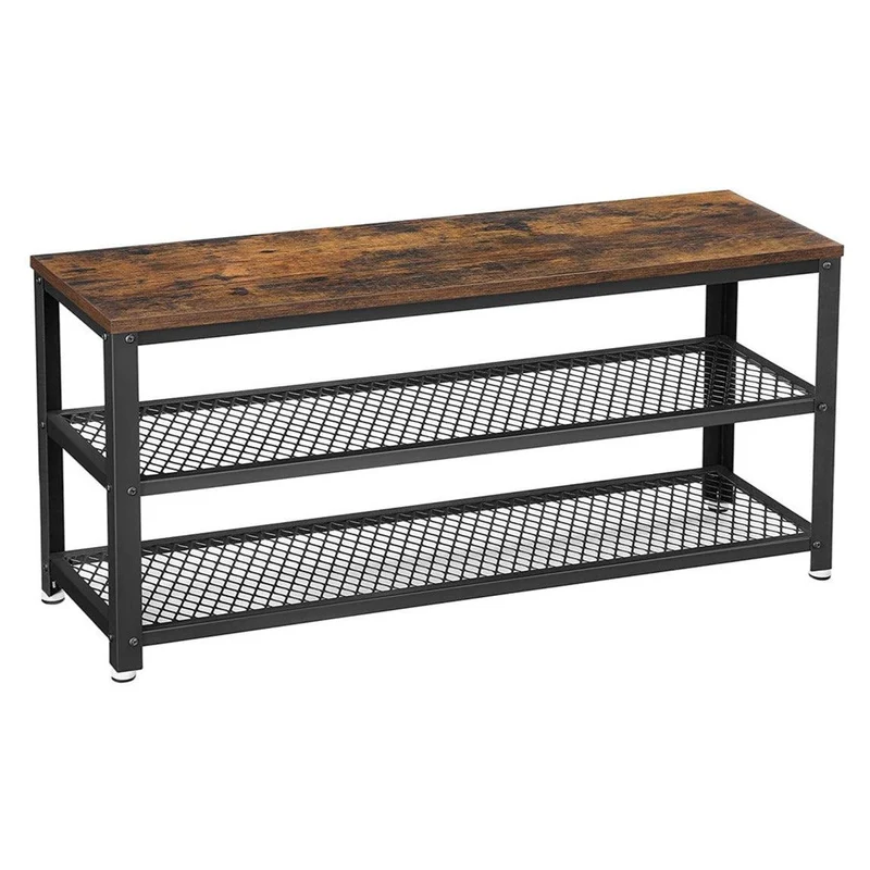 Banc à chaussures étagère de rangement à 2 niveaux organisateur à chaussures 100 x 30 x 45 cm pour entrée salon cadre en acier style industriel marron rustique et noir 12_0002647