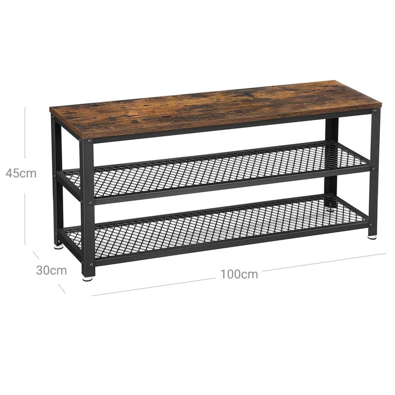 Banc à chaussures étagère de rangement à 2 niveaux organisateur à chaussures 100 x 30 x 45 cm pour entrée salon cadre en acier style industriel marron rustique et noir 12_0002647