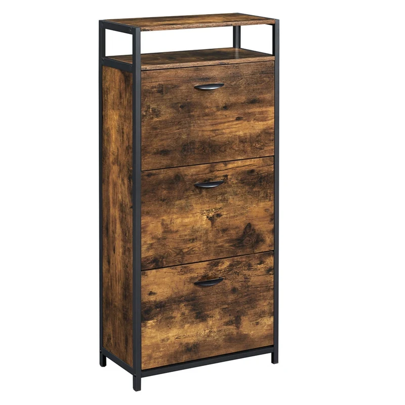 Meuble à chaussures à 3 abattants meuble d’entrée étagère organisateur avec case ouvert séparateurs internes pour 15-18 paires 130 cm marron rustique et noir 12_0002632
