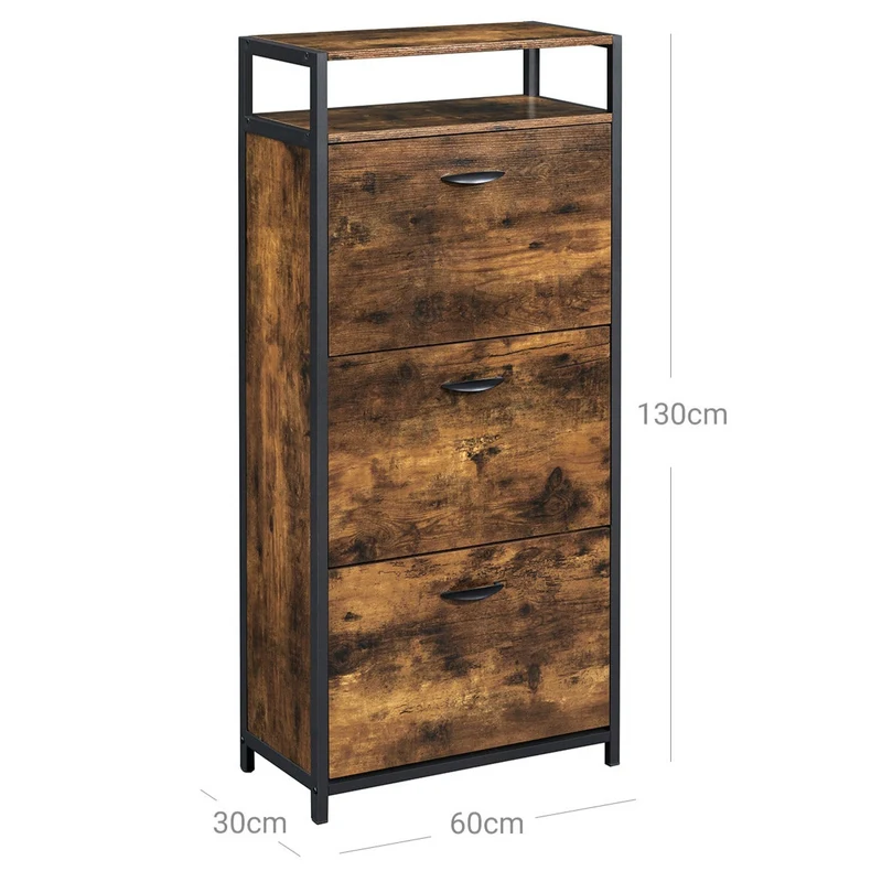 Meuble à chaussures à 3 abattants meuble d’entrée étagère organisateur avec case ouvert séparateurs internes pour 15-18 paires 130 cm marron rustique et noir 12_0002632