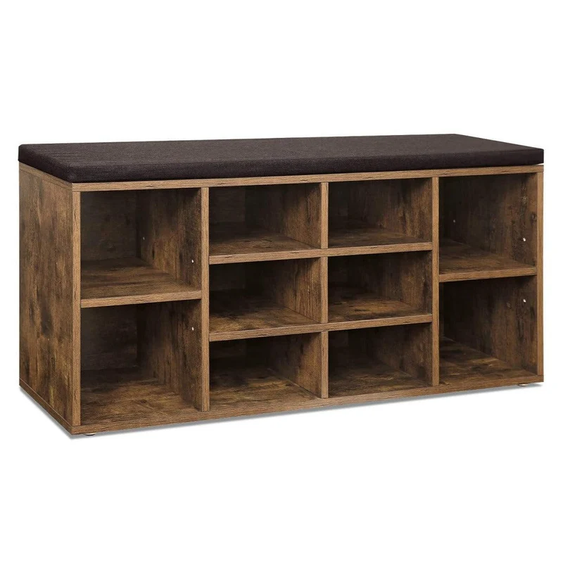 Banc à chaussures étagère à chaussures meuble de rangement 10 compartiments organisateur avec coussin pour entrée 104 x 30 x 48 cm marron rustique 12_0002646