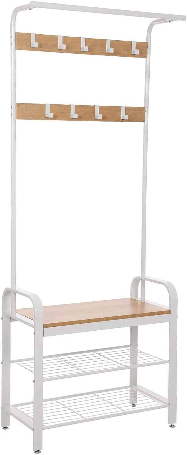 Portemanteau vestiaire meuble d’entrée avec étagère à chaussures à 3 niveaux avec crochets amovibles hauteur 183 cm couleur chêne 12_0000884