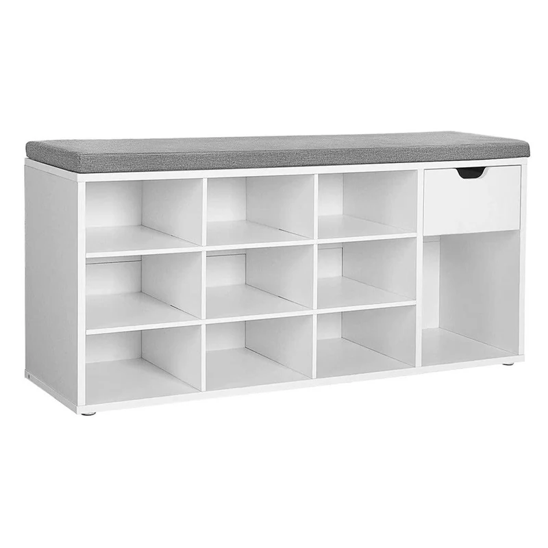 Banc à chaussures banc de rangement avec tiroir et compartiments ouverts étagère à chaussures siège rembourré pour couloir entrée chambre à coucher 104 x 30 x 48 cm blanc 12_0003576