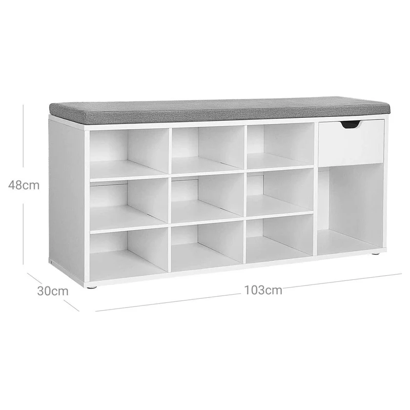 Banc à chaussures banc de rangement avec tiroir et compartiments ouverts étagère à chaussures siège rembourré pour couloir entrée chambre à coucher 104 x 30 x 48 cm blanc 12_0003576