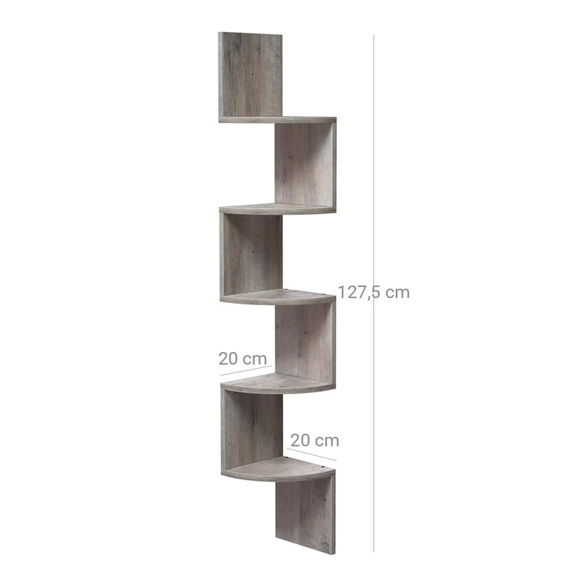 Étagère murale d'angle à 5 niveaux meuble de rangement étagère de cuisine en forme zigzag pour chambre salon bureau 127,5 cm grège 12_0002803