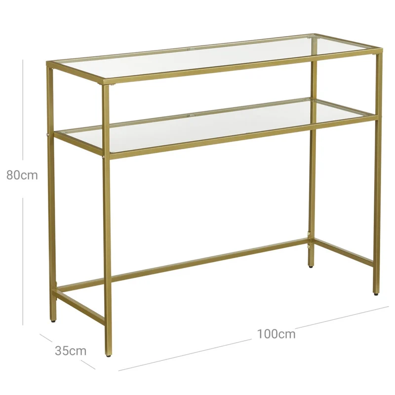 table console table d’entrée bout de canapé dessus de table en verre trempé Cadre métallique 2 niveaux pieds réglables 100 cm pour salon entrée couloir doré 12_0002976