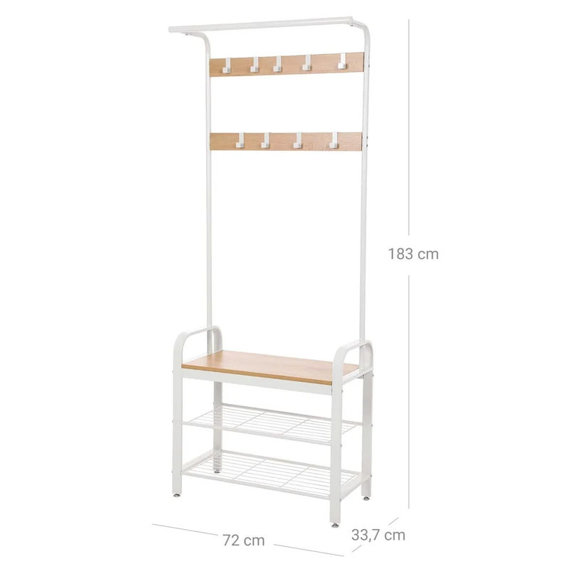 Porte-manteaux portemanteau métallique vestiaire rigide avec banc à chaussures meuble de rangement pour entrée avec 9 crochets amovibles blanc 12_0002707