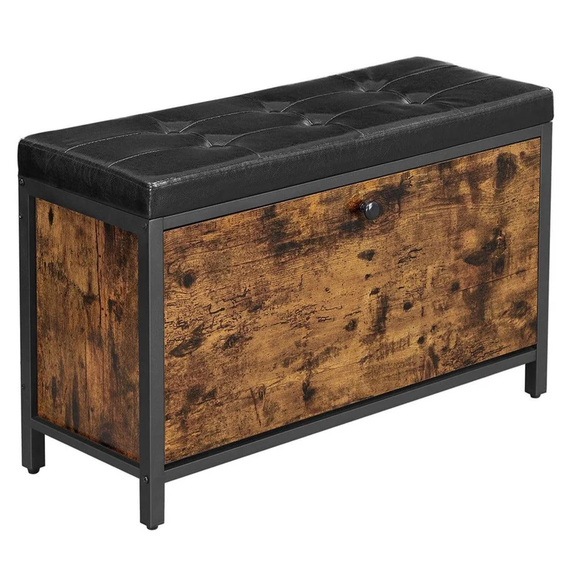 Banc à chaussures avec rangement siège rembourré avec tiroir à bascule pour 6 paires de chaussures cadre en acier style industriel 80 cm marron rustique et noir 12_0002644