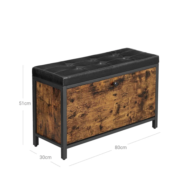 Banc à chaussures avec rangement siège rembourré avec tiroir à bascule pour 6 paires de chaussures cadre en acier style industriel 80 cm marron rustique et noir 12_0002644