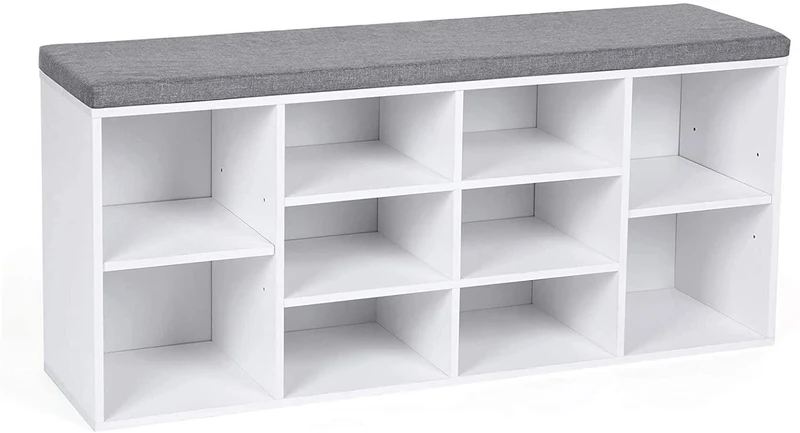 Banc à chaussures étagère à chaussures 104 x 30 x 48 cm meuble de rangement 10 compartiments avec coussin pour entrée blanc 12_0000216
