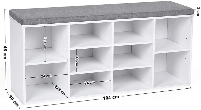 Banc à chaussures étagère à chaussures 104 x 30 x 48 cm meuble de rangement 10 compartiments avec coussin pour entrée blanc 12_0000216