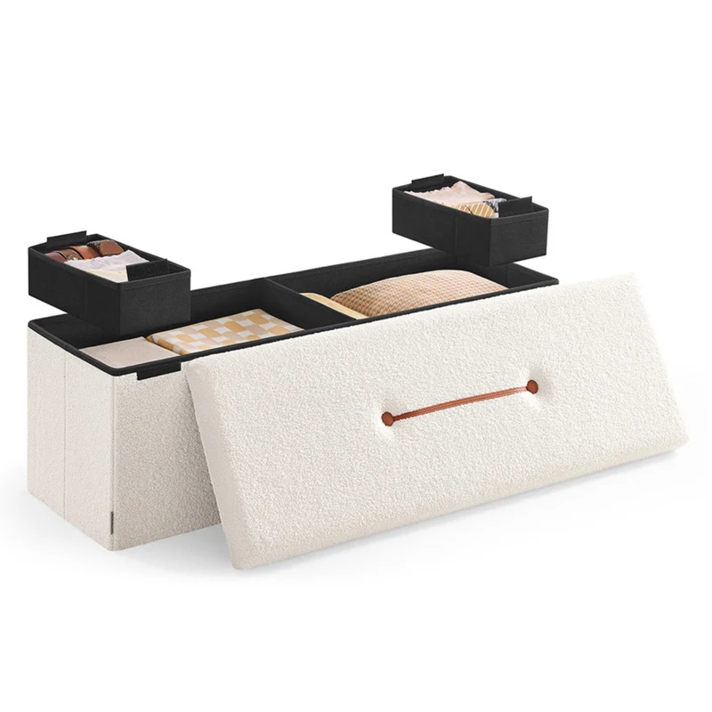 Tabouret de rangement pouf pliable repose-pieds 38 x 110 x 38 cm boîte de rangement capacité de charge jusqu’à 300 kg pour salon chambre couloir blanc crème 12_0006093