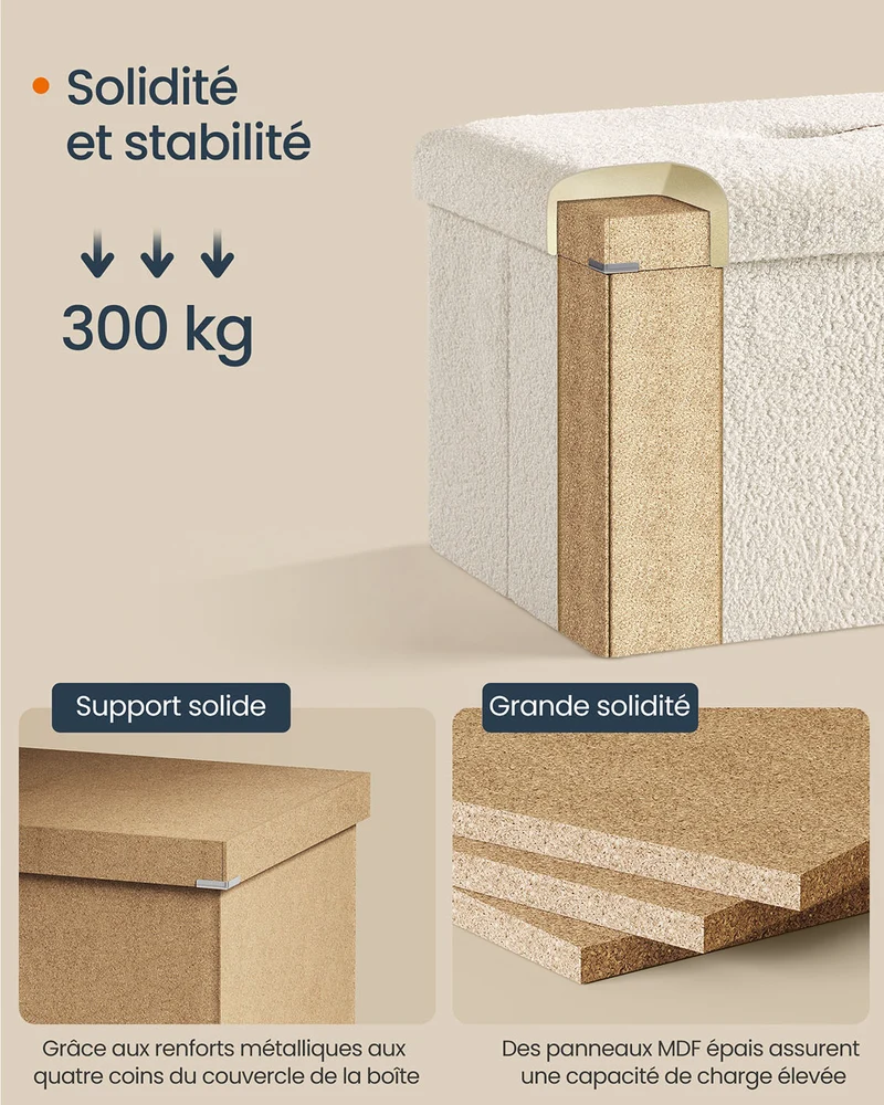 Tabouret de rangement pouf pliable repose-pieds 38 x 110 x 38 cm boîte de rangement capacité de charge jusqu’à 300 kg pour salon chambre couloir blanc crème 12_0006093