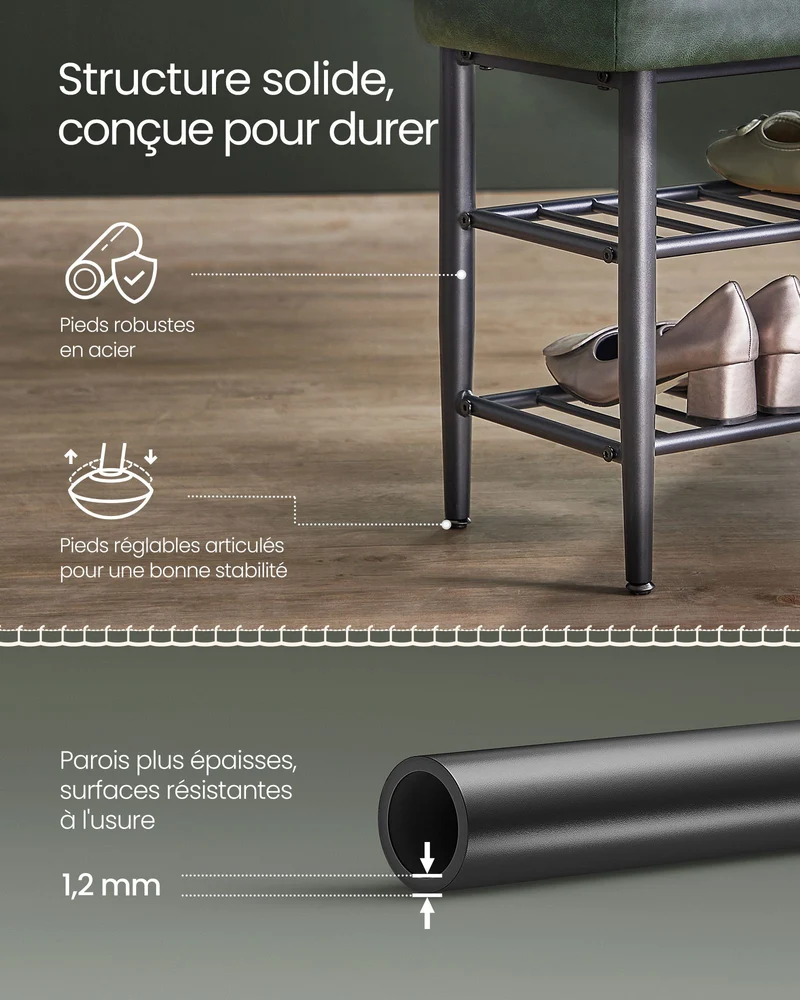 Banc à chaussures banc de rangement meuble d’entrée PU avec coutures style moderne charge 135 kg 30 x 80 x 50 cm vert 12_0005343