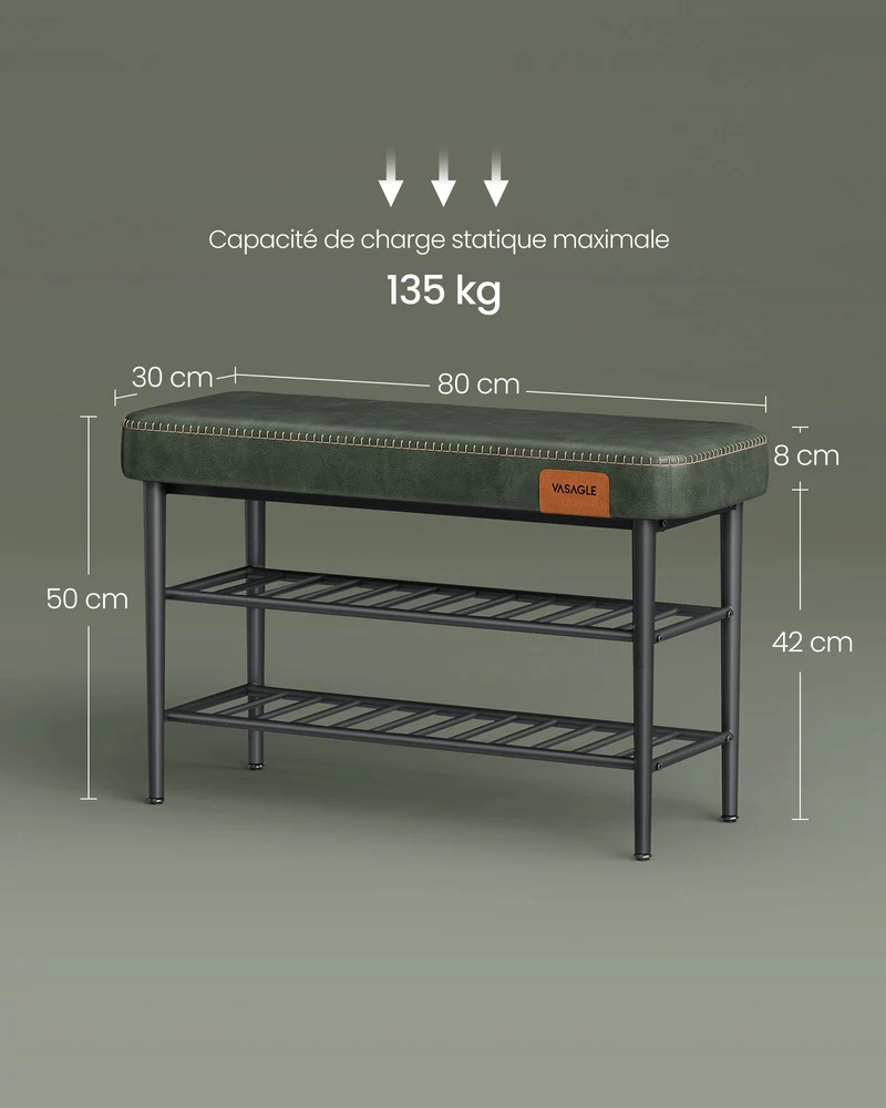 Banc à chaussures banc de rangement meuble d’entrée PU avec coutures style moderne charge 135 kg 30 x 80 x 50 cm vert 12_0005343