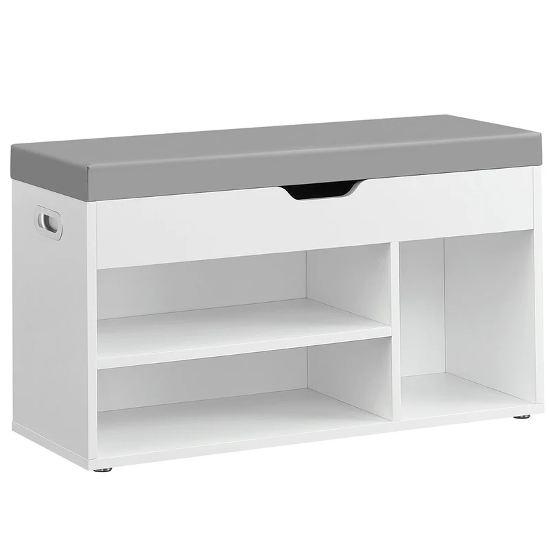 Banc à chaussures rembourré banc de rangement 3 compartiments rangement caché étagères pour salon entrée chambre capacité de charge 150 kg blanc 12_0004109