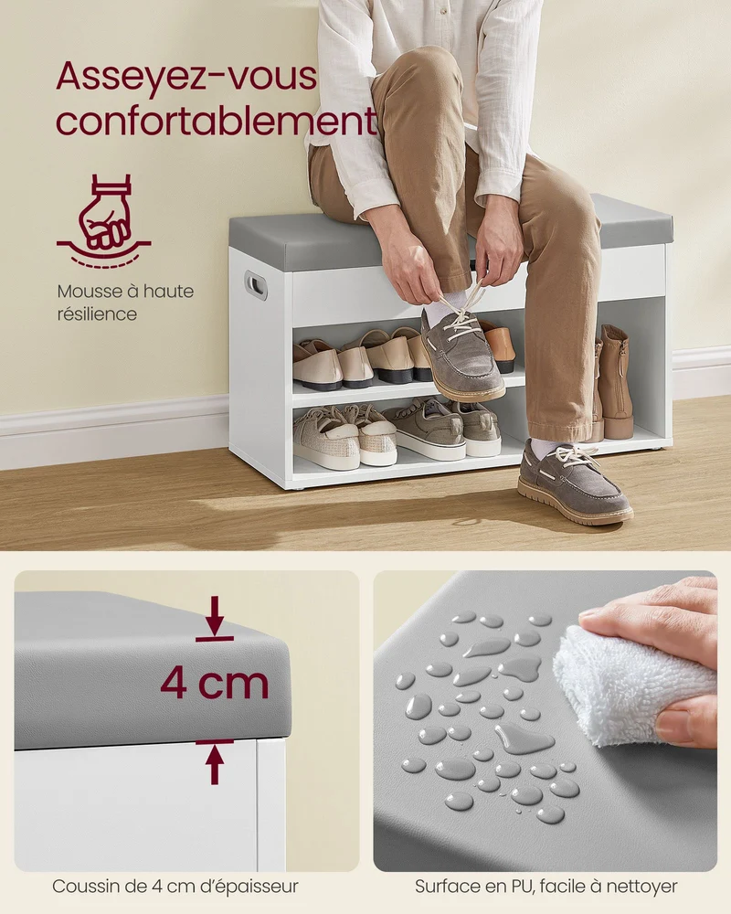 Banc à chaussures rembourré banc de rangement 3 compartiments rangement caché étagères pour salon entrée chambre capacité de charge 150 kg blanc 12_0004109