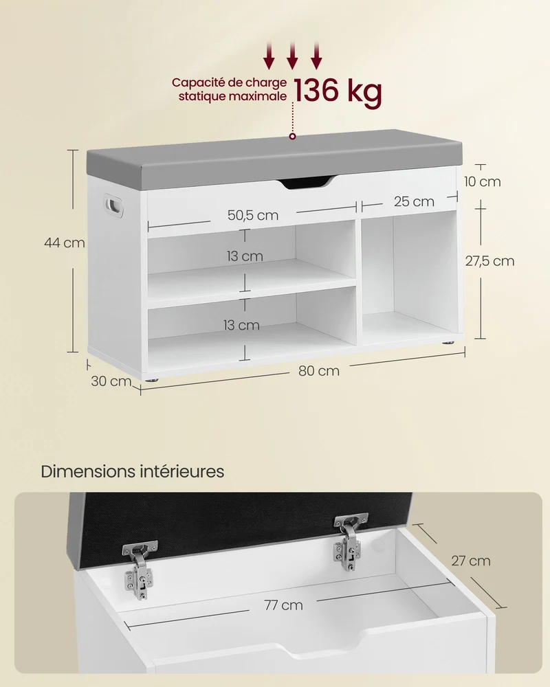 Banc à chaussures rembourré banc de rangement 3 compartiments rangement caché étagères pour salon entrée chambre capacité de charge 150 kg blanc 12_0004109