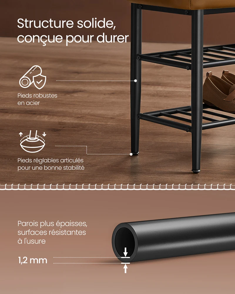 Banc à chaussures banc de rangement meuble d’entrée PU avec coutures style moderne mi-siècle charge 135 kg 30 x 80 x 50 cm marron 12_0005344
