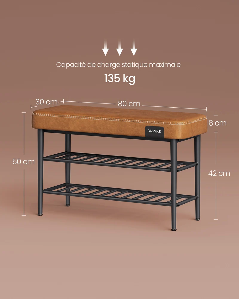 Banc à chaussures banc de rangement meuble d’entrée PU avec coutures style moderne mi-siècle charge 135 kg 30 x 80 x 50 cm marron 12_0005344