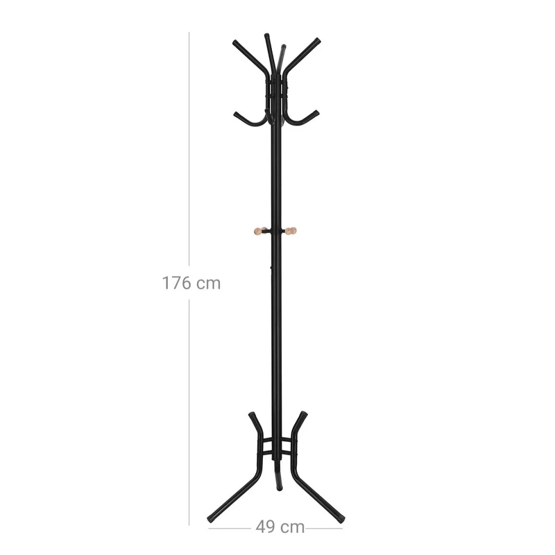 Porte-manteaux sur pied perroquet hauteur 176 cm 12 crochets tube en fer pour entrée chambre dressing bureau noir 12_0003192
