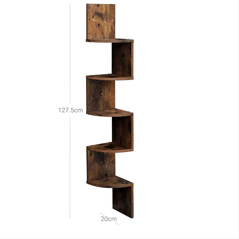 Étagère d'angle étagère murale 20 x 20 x 127,5 cm en forme zigzag bibliothèque marron 12_0005624