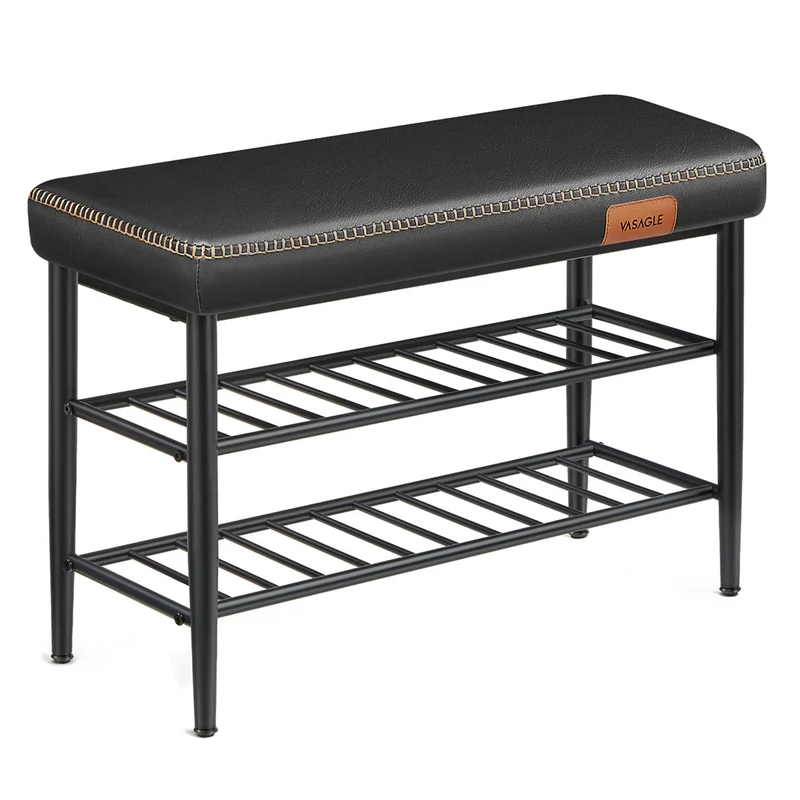 Banc à chaussures banc de rangement 30 x 80 x 50 cm meuble d’entrée PU avec coutures style moderne charge 135 kg noir 12_0005345