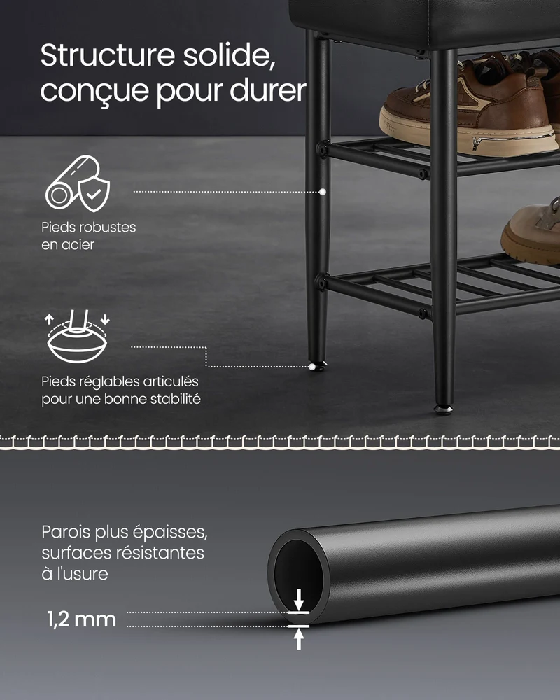 Banc à chaussures banc de rangement 30 x 80 x 50 cm meuble d’entrée PU avec coutures style moderne charge 135 kg noir 12_0005345