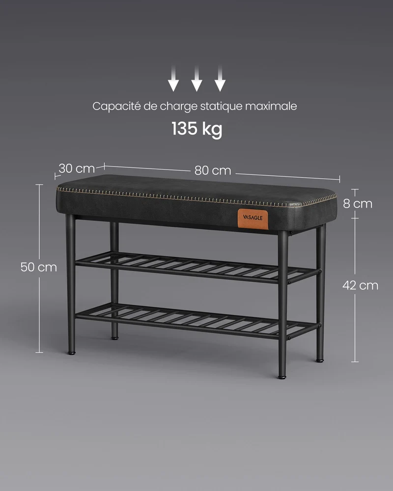 Banc à chaussures banc de rangement 30 x 80 x 50 cm meuble d’entrée PU avec coutures style moderne charge 135 kg noir 12_0005345