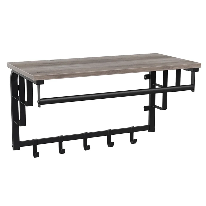 Portemanteau mural avec étagère de rangement étagère murale avec 5 crochets amovibles étagère suspendue avec tringle pour entrée chambre salle de bain salon grège et noir 12_0002587