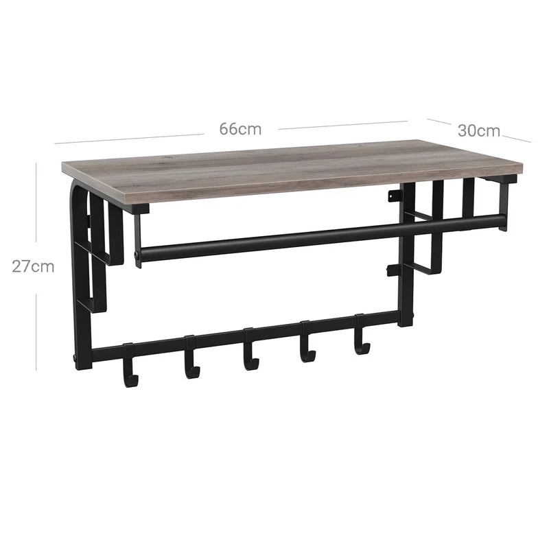 Portemanteau mural avec étagère de rangement étagère murale avec 5 crochets amovibles étagère suspendue avec tringle pour entrée chambre salle de bain salon grège et noir 12_0002587