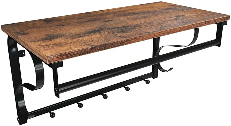 Porte-manteau mural étagère murale style industriel avec 5 crochets 1 plateau et 1 barre de suspension pour entrée couloir salle de bain salon vintage noir 12_0000582