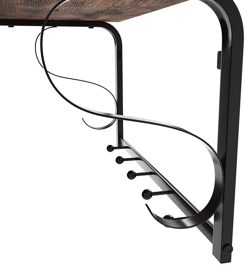 Porte-manteau mural étagère murale style industriel avec 5 crochets 1 plateau et 1 barre de suspension pour entrée couloir salle de bain salon vintage noir 12_0000582