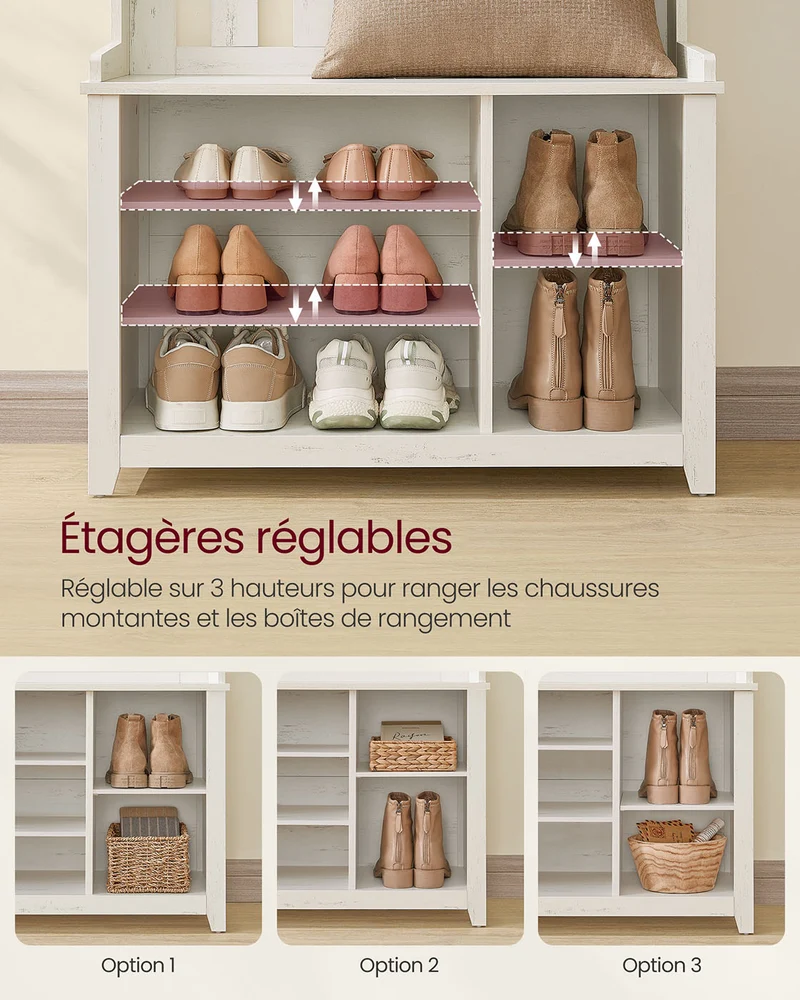 Porte-manteau banc à chaussures portant à vêtement avec étagère à chaussures 7 crochets doubles vestes chapeaux pour l’entrée chambre salon 35 x 81 x 180 cm blanc nuage 12_0007060