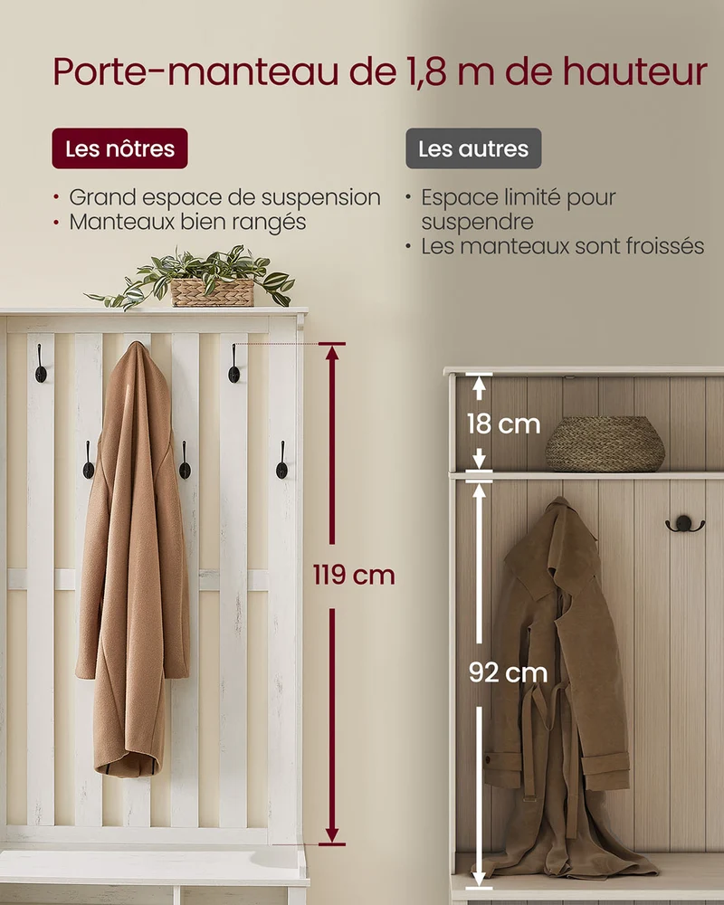 Porte-manteau banc à chaussures portant à vêtement avec étagère à chaussures 7 crochets doubles vestes chapeaux pour l’entrée chambre salon 35 x 81 x 180 cm blanc nuage 12_0007060