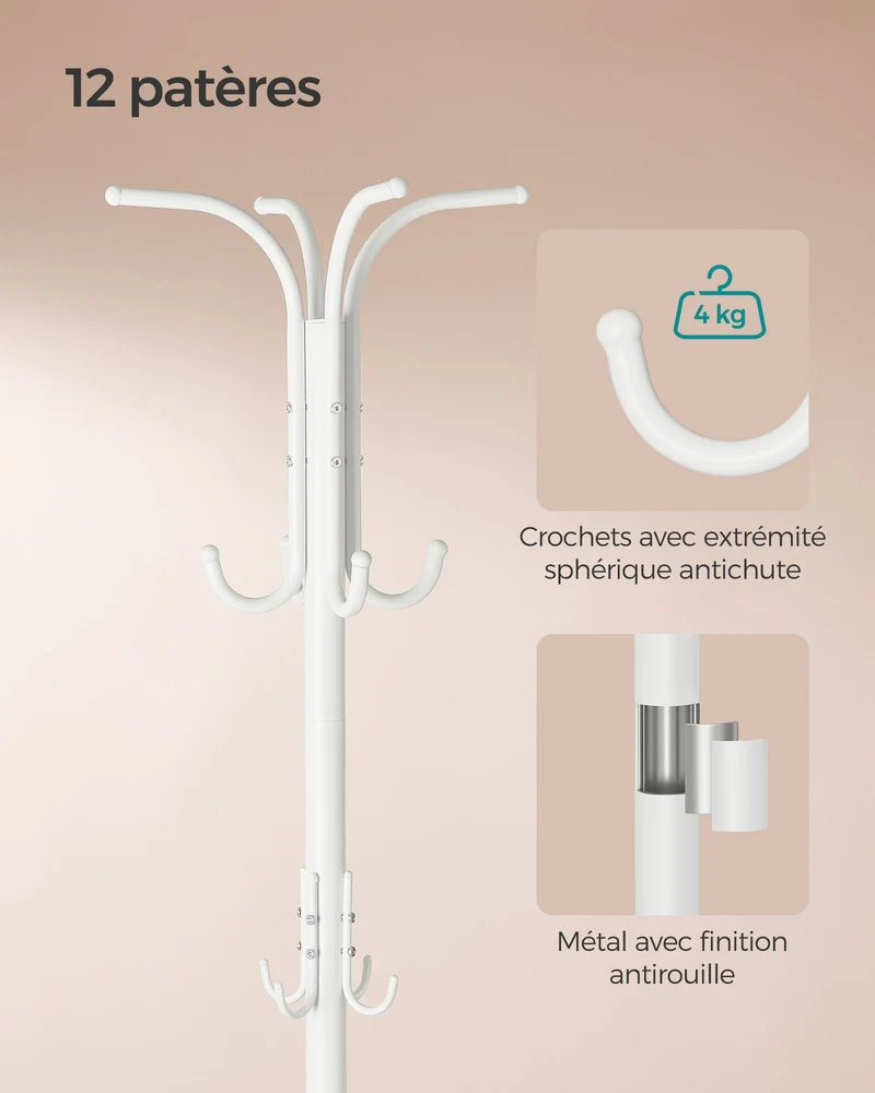 Porte-manteau portant à vêtements avec porte-parapluie 12 crochets structure métallique hauteur 175 cm pour entrée salon chambre blanc 12_0007090